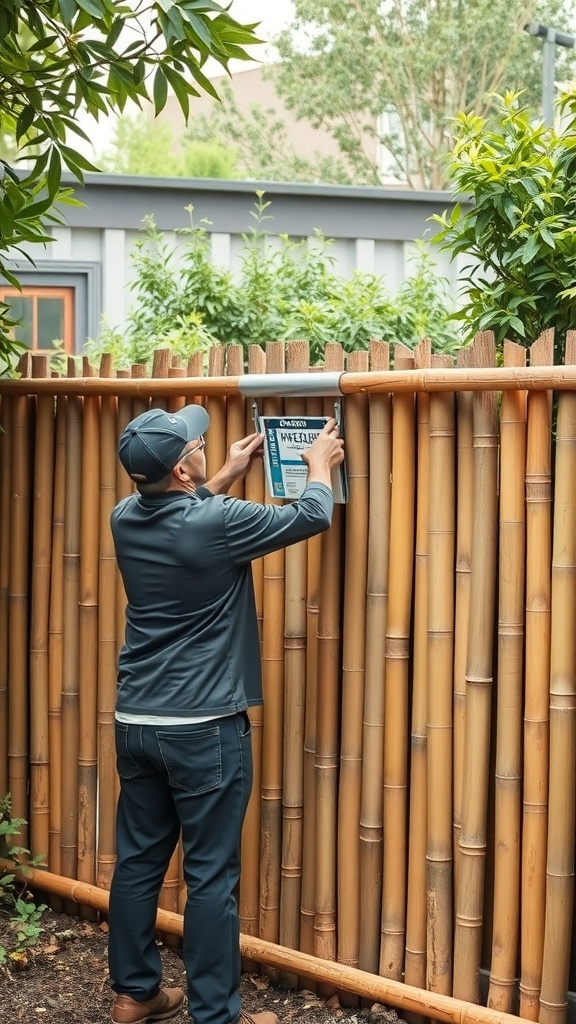 A person maintaining a bamboo fence.