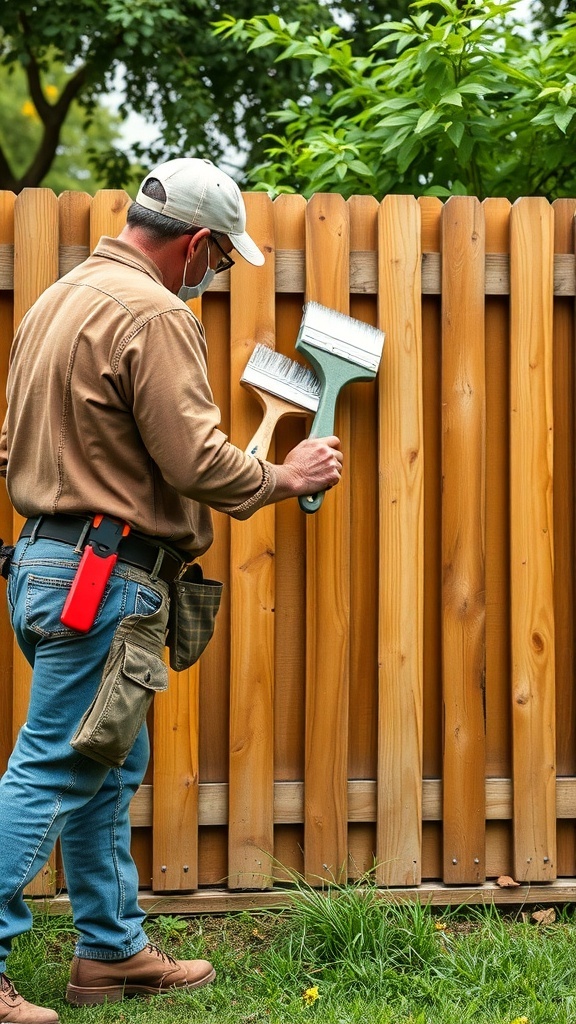 A person painting a wood privacy fence with a brush.