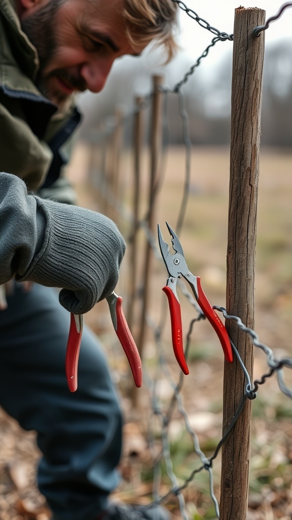 A person repairing a hog wire fence using pliers.