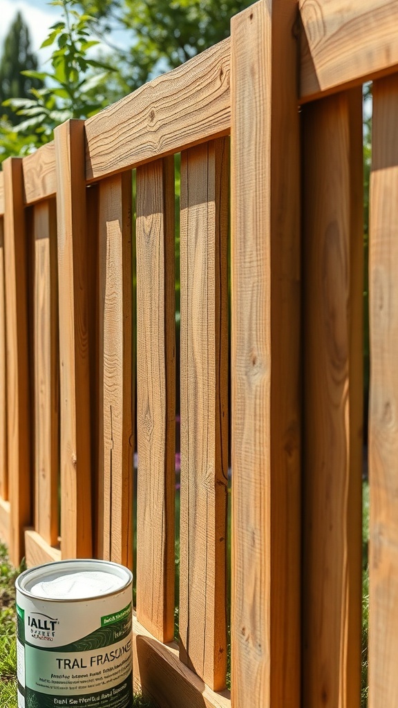 A close-up view of a wooden pallet fence with a can of sealant beside it.