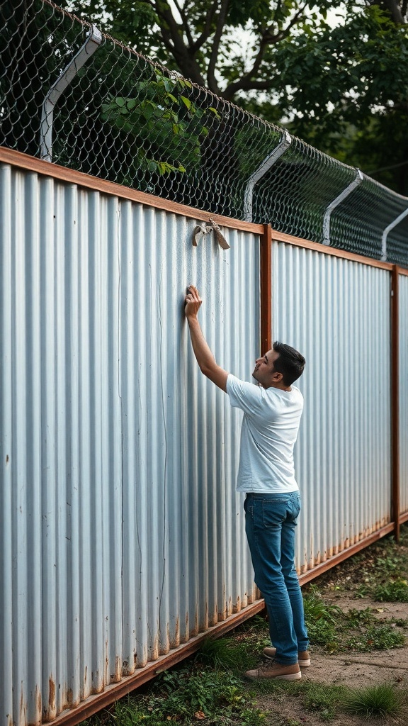 A person inspecting a corrugated metal fence for maintenance.