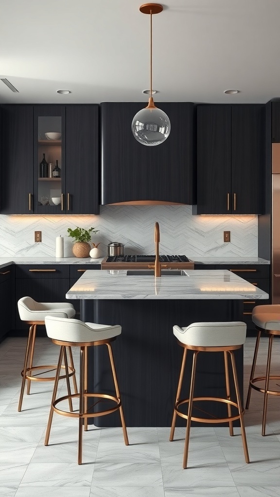 A modern kitchen featuring a marble-topped island with stylish bar stools.