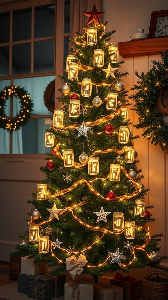 A beautifully decorated Christmas tree with mason jar fairy lights and ornaments.