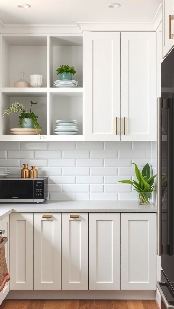 A modern kitchen featuring white cabinets and open shelving with decorative items and plants.