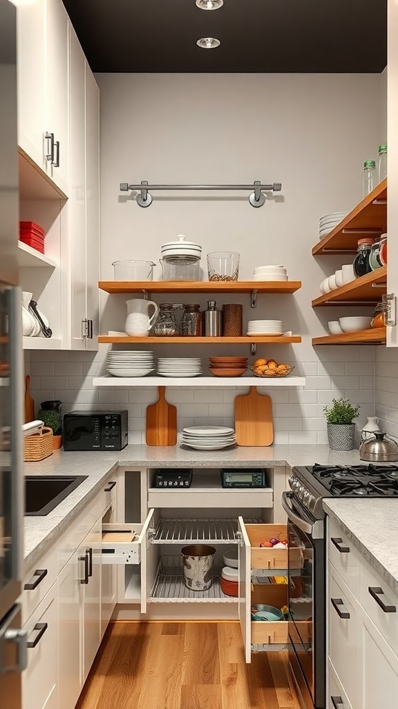 A modern kitchen with open shelves and pull-out drawers for storage.