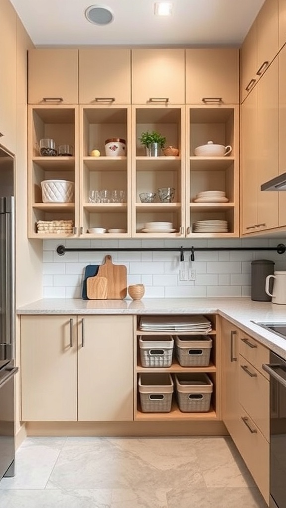 Modern kitchen cabinets with open shelves and organized storage baskets.