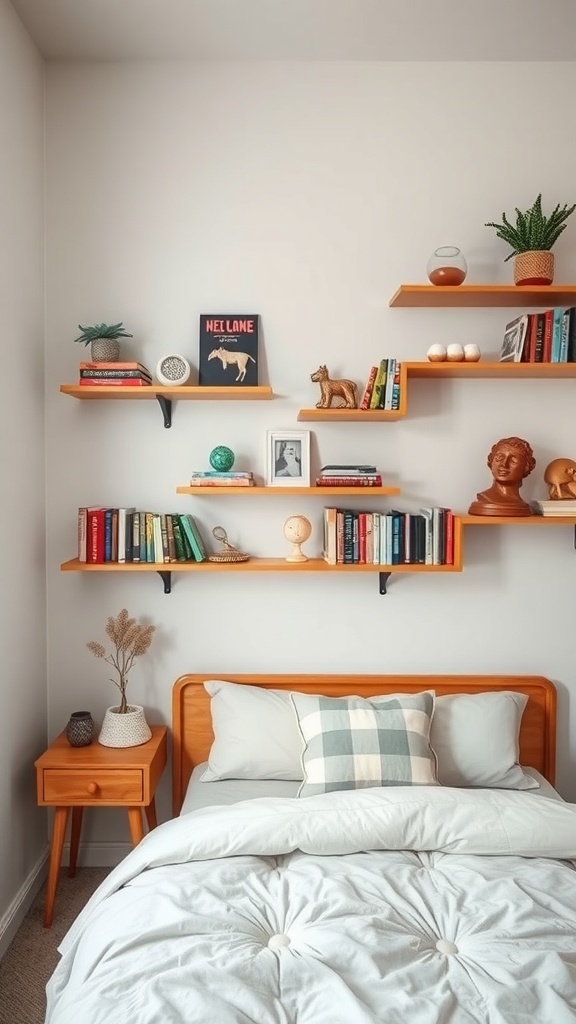 A cozy bedroom with orange floating shelves displaying books and decor above a bed.