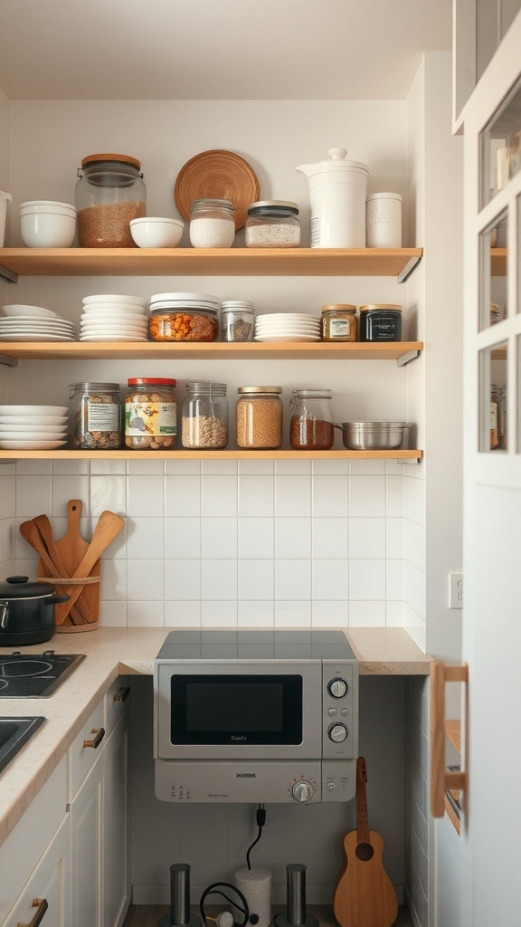 A small kitchen with wooden shelves displaying various jars, dishes, and a microwave.