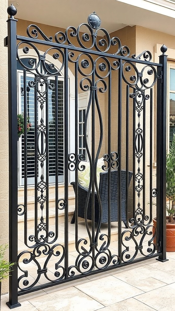A decorative metal privacy screen with intricate designs.