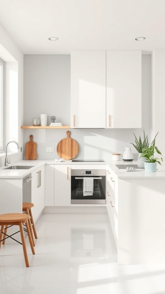 A sleek minimalist kitchen with white cabinets, wooden accents, and a clean layout.