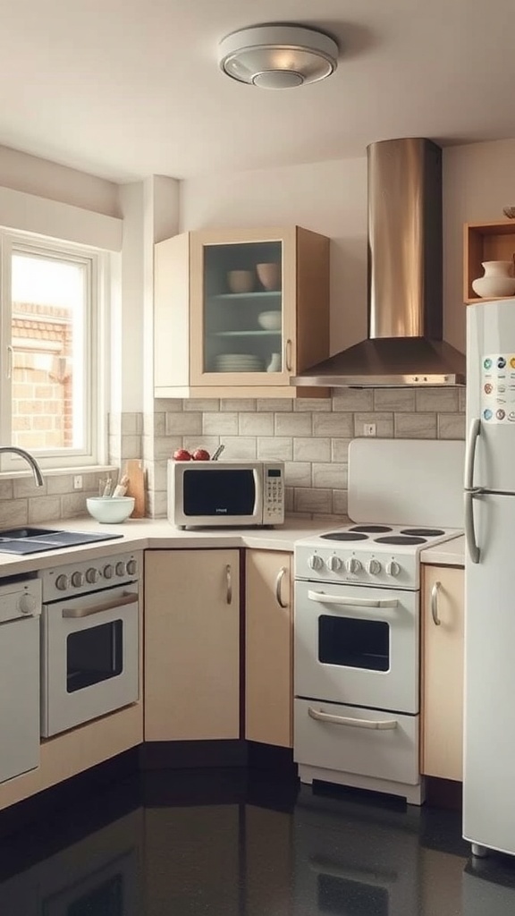 A cozy vintage kitchen featuring modern appliances and classic cabinetry.