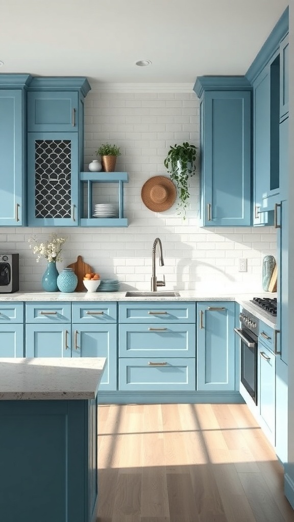 A bright blue kitchen with cabinets and decor in varying shades of blue.