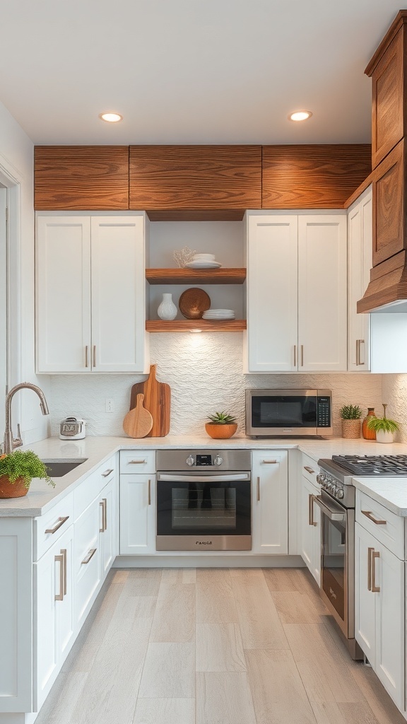 A modern kitchen featuring white cabinets, wooden accents, and open shelving with decorative items.
