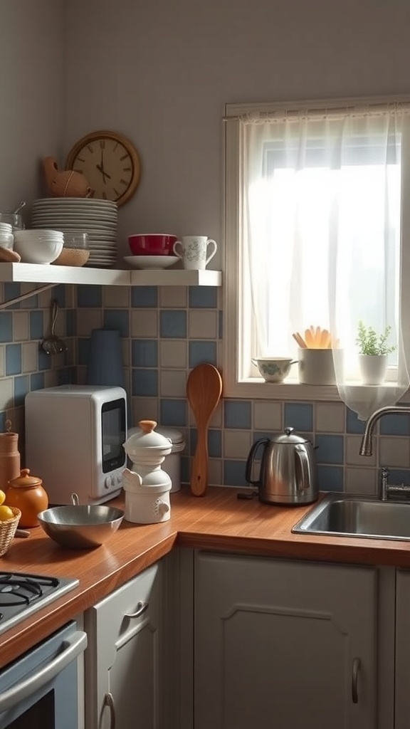 A cozy kitchen countertop featuring a mix of vintage and modern elements.