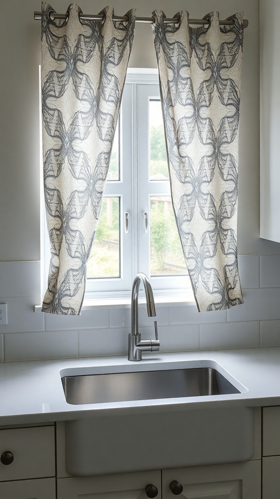 Kitchen curtains with modern geometric patterns above a sink.