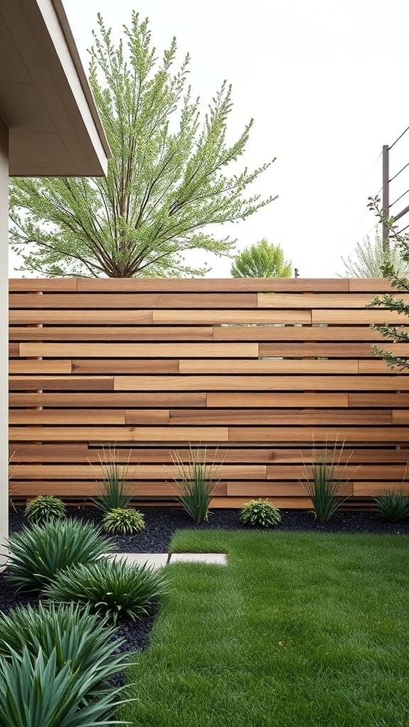 A modern horizontal slat wood fence with greenery in the foreground.