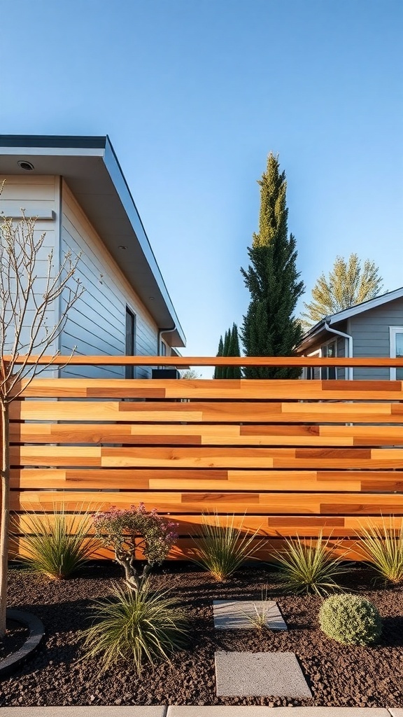 A modern horizontal slat fence with a clear blue sky in the background.