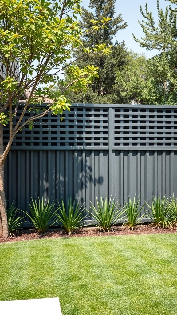 A modern metal slat fence with greenery in a backyard setting.