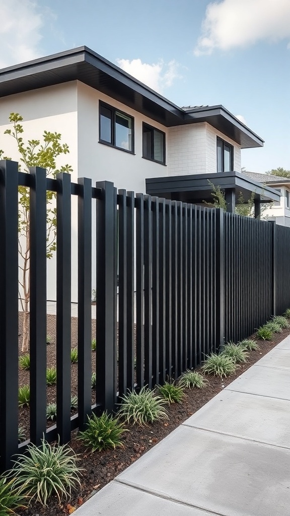A modern black fence surrounding a contemporary house with greenery.