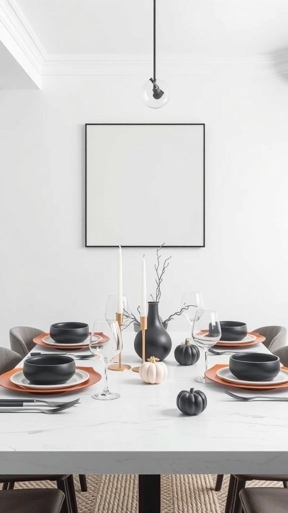A modern minimalist Thanksgiving tablescape featuring black and orange tableware, glassware, and simple decor.
