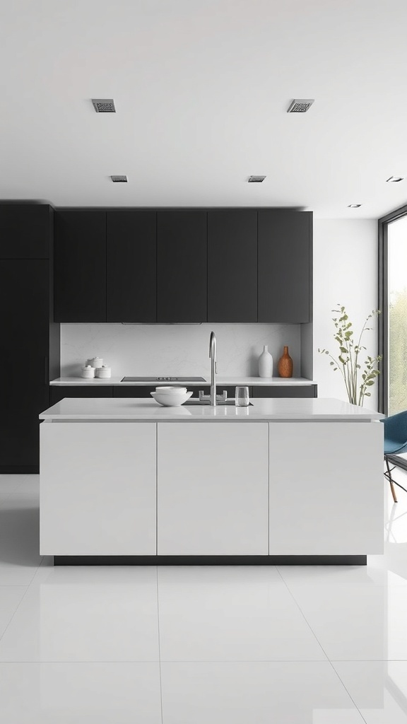 A modern minimalist kitchen featuring a white island and dark cabinets.