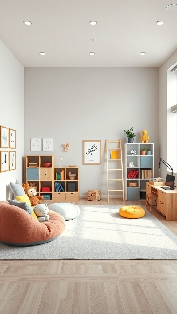 A modern minimalist kids' room featuring soft colors, clean lines, and cozy seating.