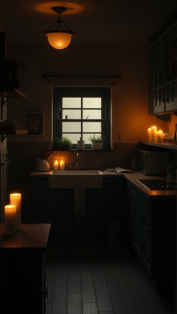 A dark cottagecore kitchen with candles illuminating the space.