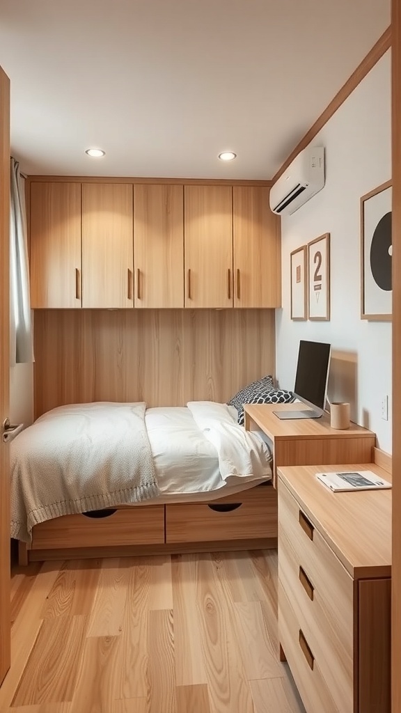 A cozy tiny bedroom featuring a bed with storage drawers and a desk.