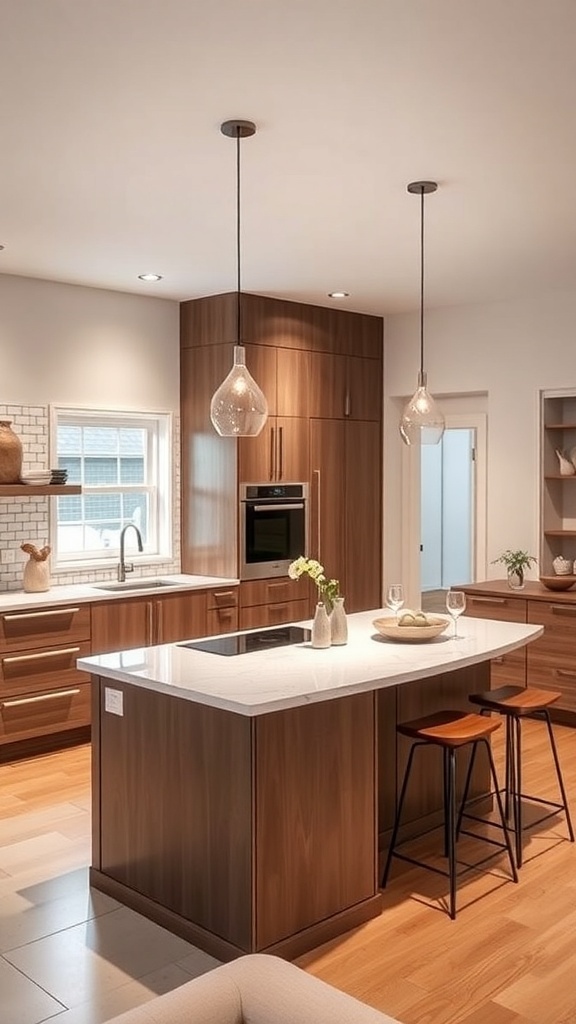 A modern kitchen island with a sleek design, featuring a marble countertop and wooden cabinetry.