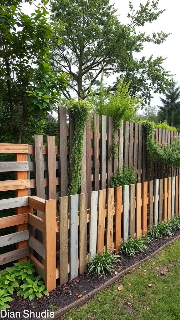 A multi-level pallet fence with various heights and greenery.