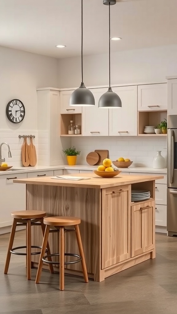 A wooden kitchen island with stools, surrounded by modern kitchen decor.