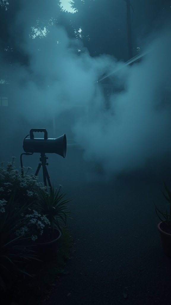 Fog machine creating mist in a dimly lit outdoor setting