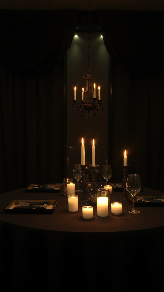 A darkly decorated table with candles and elegant glassware, creating a mysterious atmosphere.