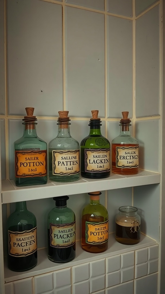 A collection of vintage-style potion bottles with colorful liquids and labels on a bathroom shelf.