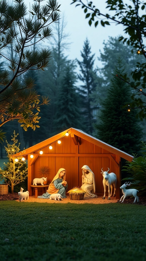 A beautifully lit nativity scene with Mary, Joseph, and baby Jesus, surrounded by animals and festive decorations.