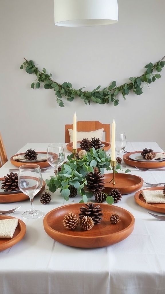 Thanksgiving table with wooden plates, pinecones, and eucalyptus greenery