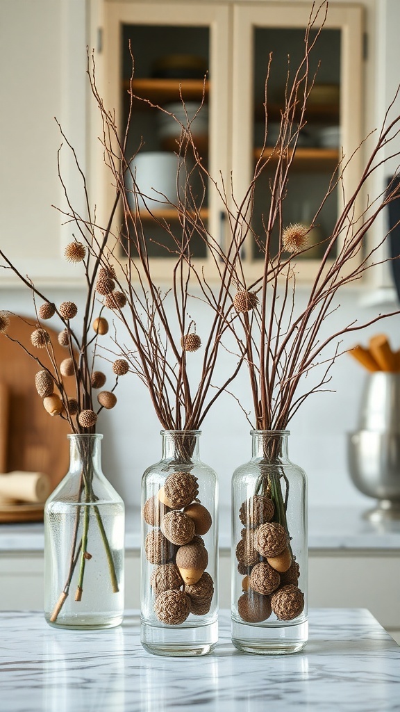 Vases filled with twigs and acorns on a marble countertop