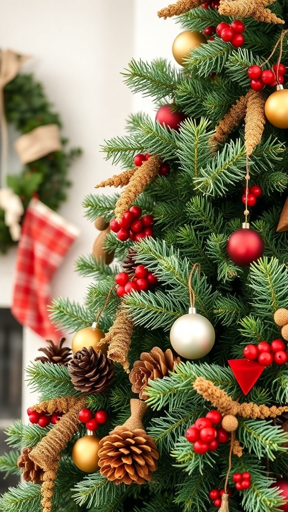 A beautifully decorated Christmas tree featuring pinecones, red berries, and golden ornaments.