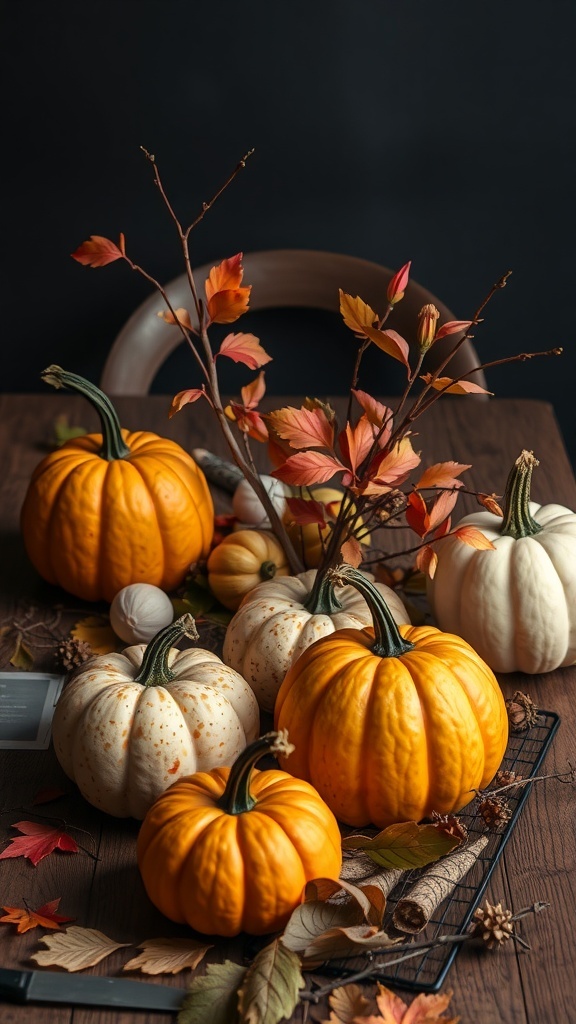 A beautiful tablescape featuring various pumpkins and autumn leaves on a wooden table.