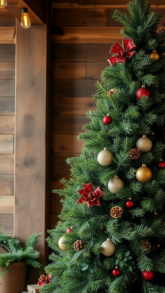A rustic Christmas tree decorated with natural elements like pine cones and red flowers, set against a wooden backdrop.