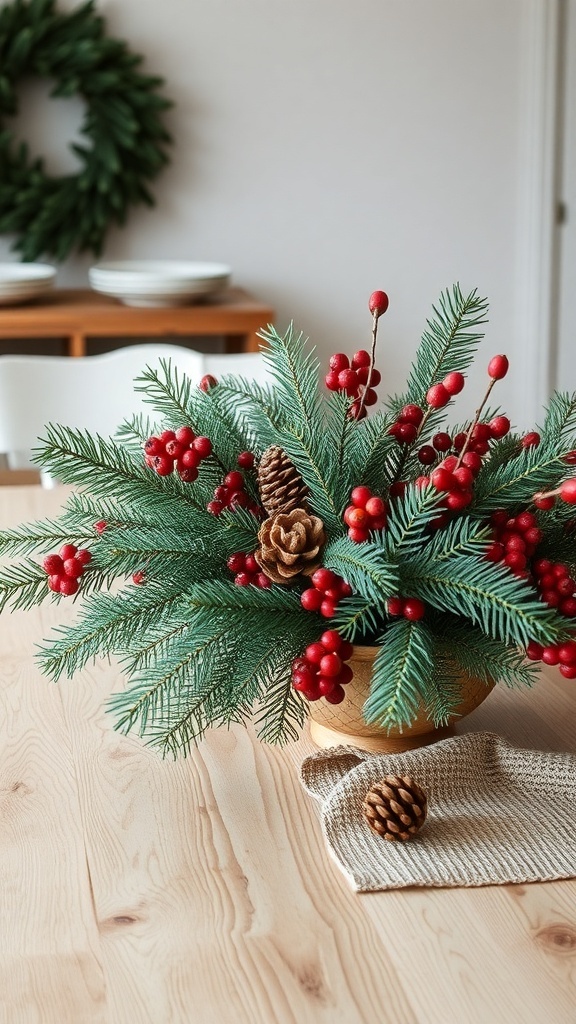 A centerpiece featuring pine branches, red berries, and pinecones in a decorative bowl.