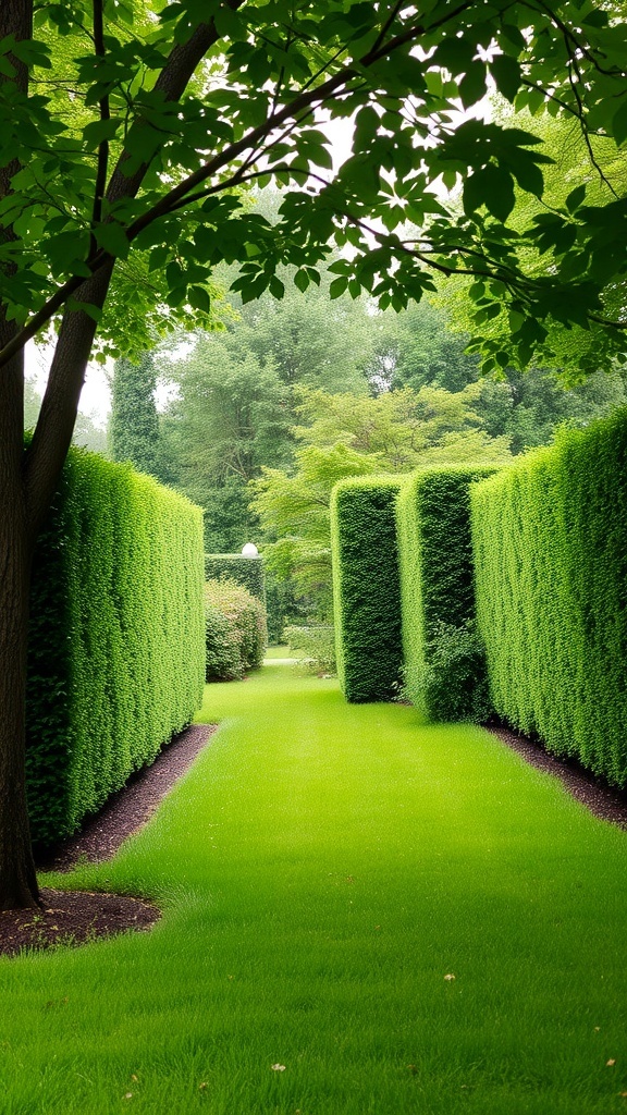 A well-maintained hedge fence creating a green pathway in a garden.