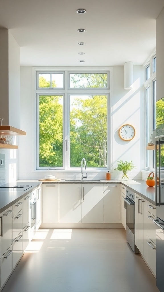 Bright kitchen with large windows and greenery.