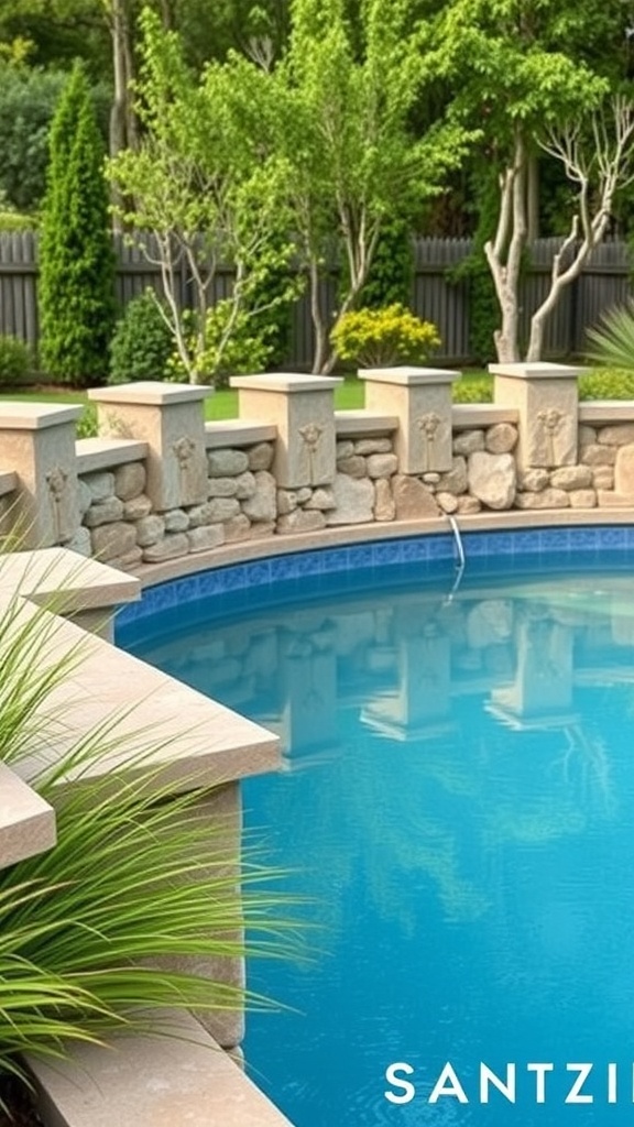 A pool area with natural stone fencing and lush greenery.