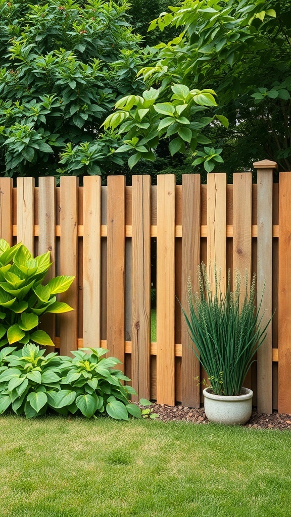 A natural wood privacy fence surrounded by greenery and plants.