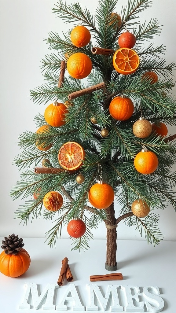 A nature-inspired Christmas tree decorated with oranges, cinnamon sticks, and pinecones.