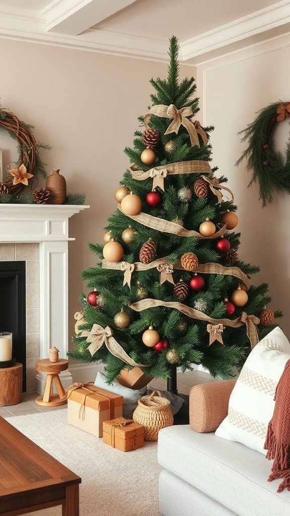 A beautifully decorated Christmas tree with rustic elements like burlap ribbons, pine cones, and earthy ornaments.