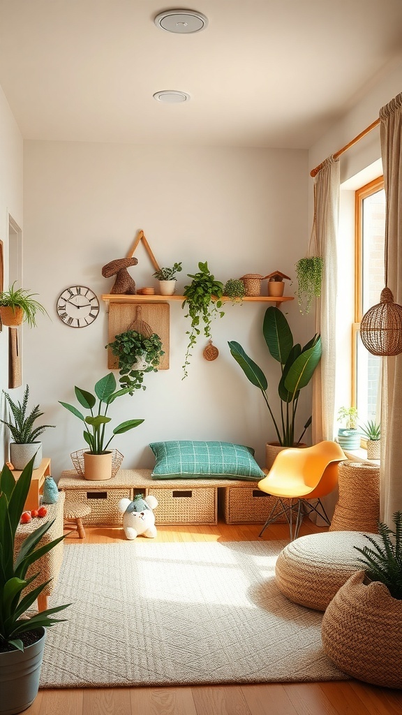 A cozy kids room with plants, natural light, and comfortable seating.