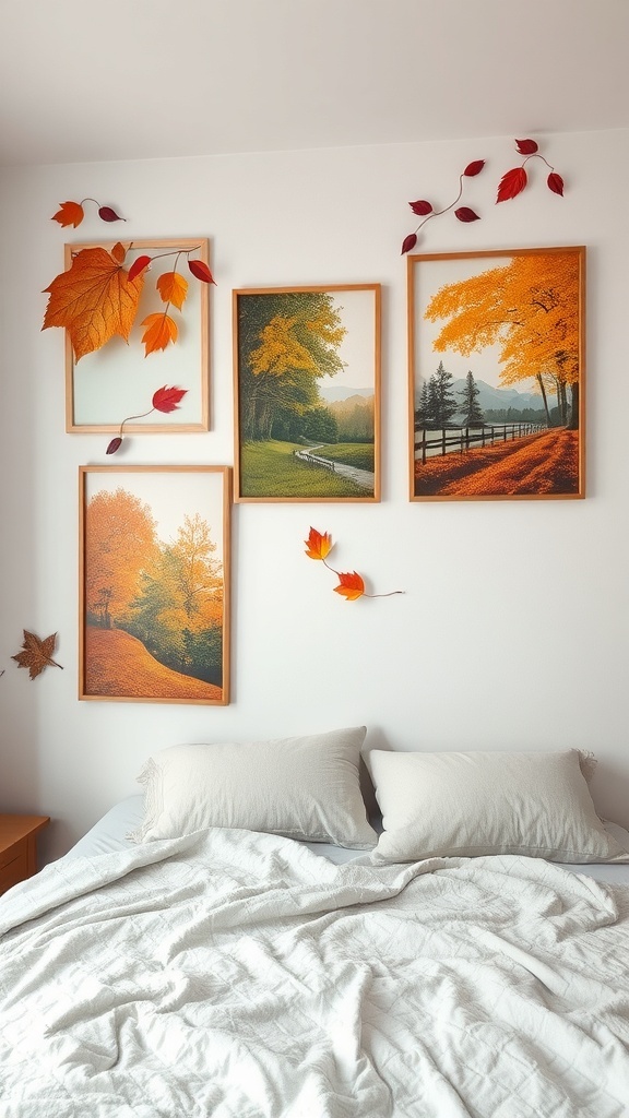 Nature-inspired wall art featuring autumn scenes and colorful leaves.