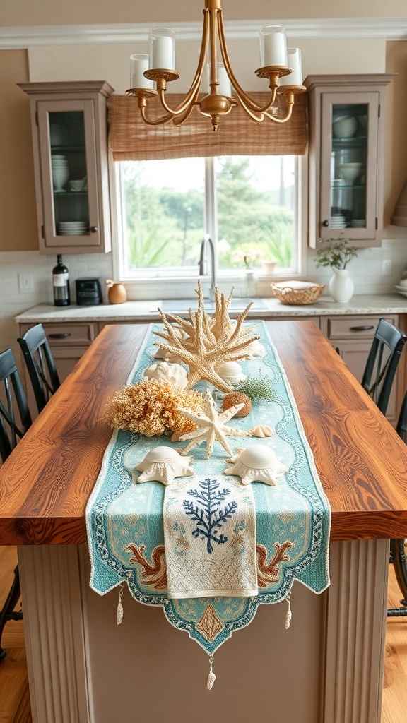 Ocean-inspired table runner with shells and starfish on a kitchen island.
